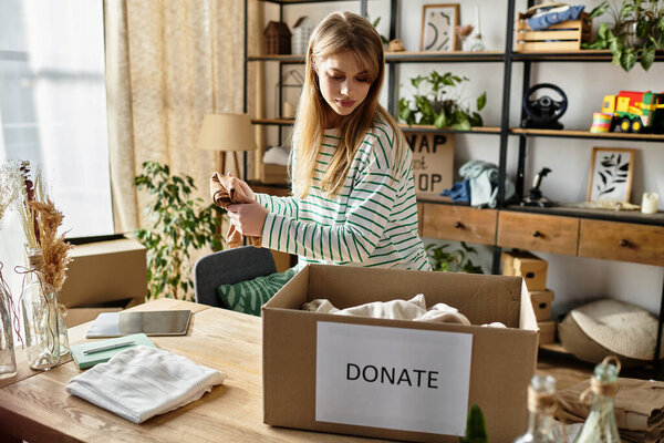 Young woman organizes her wardrobe, preparing items for donation with a sustainable mindset.