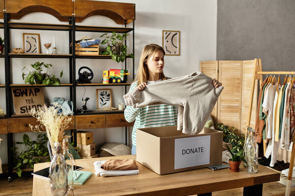 Young woman organizes her clothes into a donation box, embracing sustainability at home.