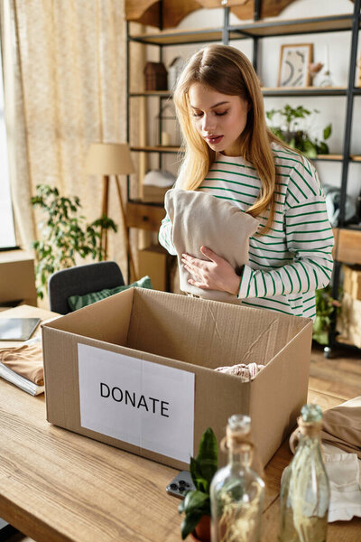 Молодая женщина организовывает свою одежду, чтобы пожертвовать, принимая устойчивость в ее повседневной рутины.