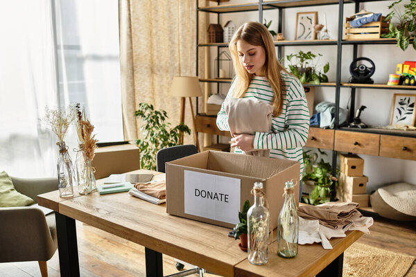 Young woman organizes her clothes to donate while embracing a sustainable lifestyle.
