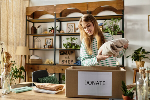 In a cozy room, a young woman sorts through her clothes, preparing to donate them thoughtfully.