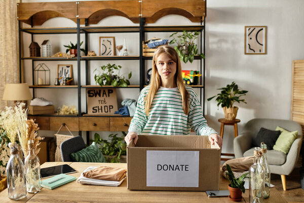 A pretty young woman sorts her clothes in a cozy room, preparing items for donation to others.