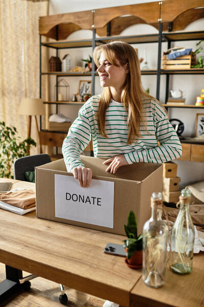 Young woman joyfully organizes and donates clothes in a cozy, eco-friendly space.