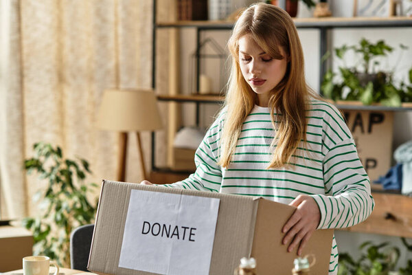 Красивая молодая женщина организует свой гардероб, сортируя предметы для пожертвования с устойчивым фокусом.