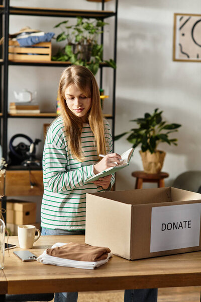 Pretty young woman organizes her clothes to donate, promoting a sustainable lifestyle effort.
