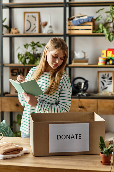 A young woman organizes her clothes for donation, showcasing her commitment to sustainability.