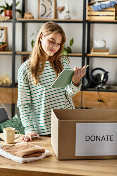 Молодая женщина сортирует свою одежду для пожертвования, принимая экологически чистый выбор и минимализм.