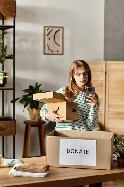 Young woman organizes her clothes for donation, promoting a greener lifestyle and decluttering.