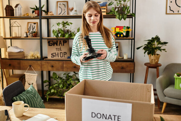 Young woman thoughtfully organizing clothes to donate in her stylish, eco-friendly space.