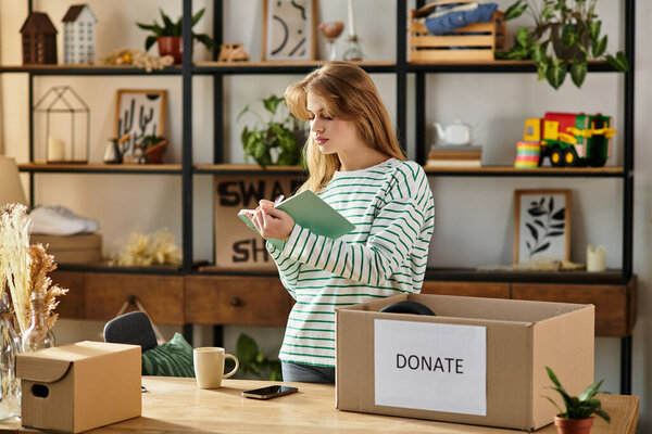 Женщина сортирует одежду для пожертвования в уютном, экологически чистом месте, способствуя устойчивому развитию.