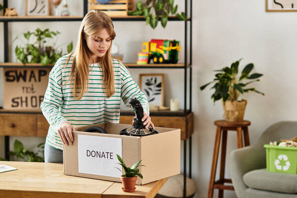 Sorting clothes and placing them in a donation box, embracing a sustainable lifestyle indoors.