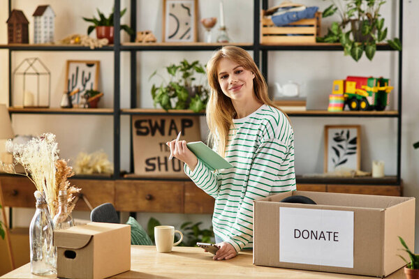 In a bright room, a young woman sorts and donates her clothes while promoting sustainability.