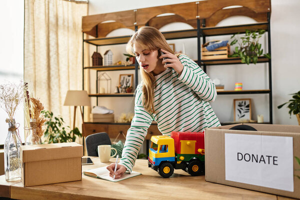 A young woman sorts clothes and toys on a call, promoting sustainability.