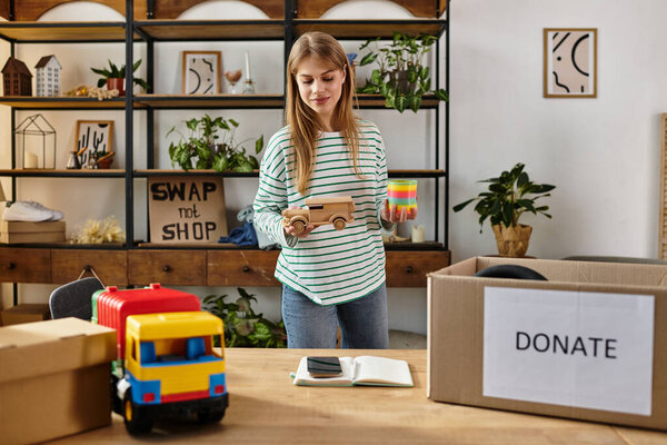 Young woman sorting and donating toys to support sustainability and kindness.