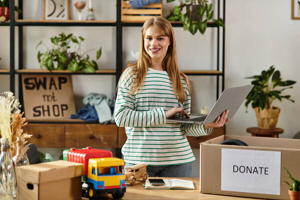 Young woman organizes clothes for donation to support eco-friendly living practices.