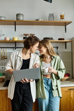 İki genç ortak, şık mutfaklarında dizüstü bilgisayar kullanırken birlikte hassas bir anın tadını çıkarıyorlar..