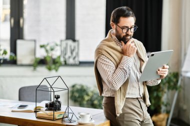 Günlük giysiler içindeki yaşlı adam bitkilerle yaratıcı bir çalışma alanını keşfederken tabletle meşgul oluyor..