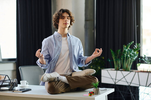Молодой человек с вьющимися волосами сидит со скрещенными ногами, медитируя в тихом кабинете.