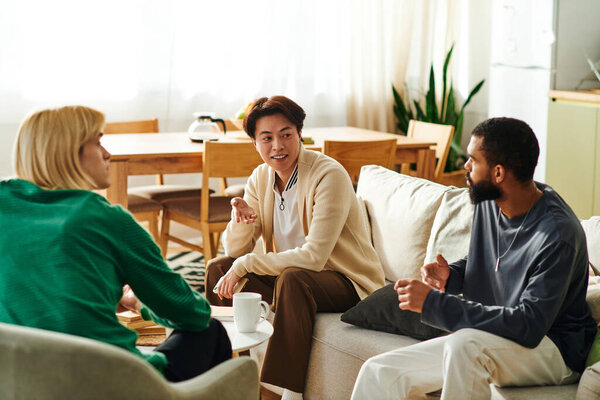 Three young men participate in a lively discussion at their cozy home book club gathering.