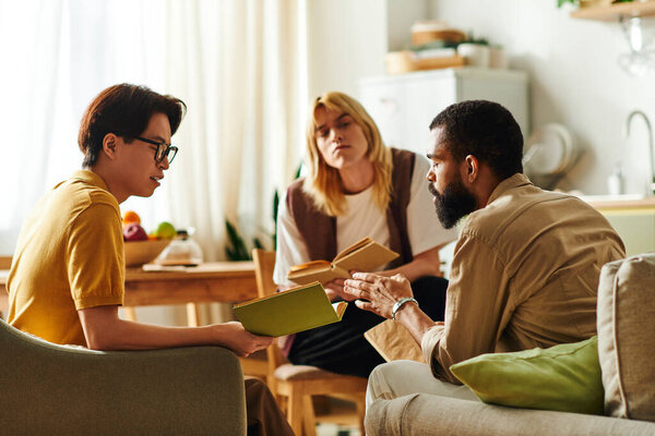 Three young men chat animatedly about their recent book picks.