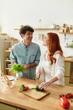 Sevgi dolu bir çift, sıcak ev mutfağında lezzetli bir yemek hazırlarken kaliteli zaman geçirmekten zevk alır..