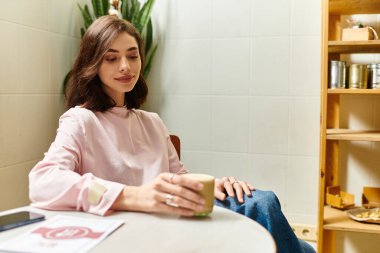 Genç bir kadın, şık bir kafede sakince oturup etrafı dekorla çevriliyken içkisinin tadını çıkarıyor..