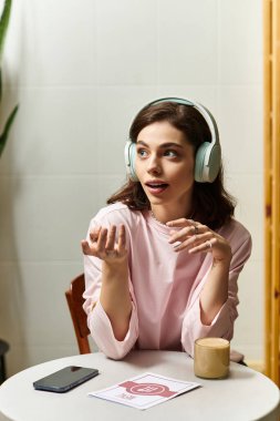 Kulaklık takan genç bir kadın şık bir kafede dinlenirken hareketli bir şekilde konuşuyor..