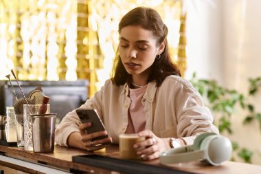Güzel genç bir kadın modern bir kafede dinleniyor, kahvesini yudumluyor ve telefonuna odaklanıyor..