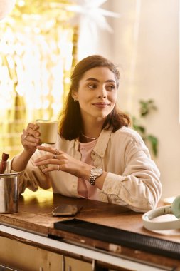 Genç bir kadın rahat bir kafede rahatlar, içkisini yudumlar ve keyifli bir anın tadını çıkarır..