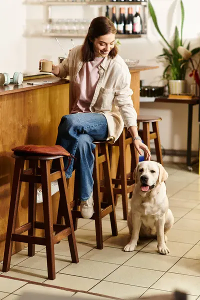 Genç bir kadın canlı, evcil hayvan dostu bir kafede rahatlıyor. Sadık labradoruyla neşeyi paylaşıyor..