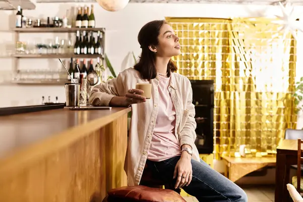 Şık bir kafede dinlenen genç bir kadın, düşüncelere dalmışken kahvesini yudumluyor..