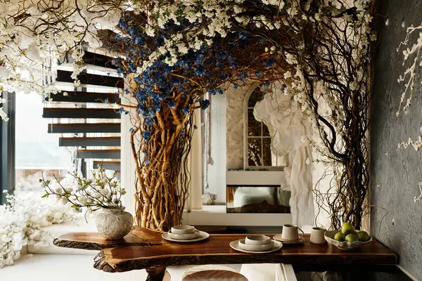 Düğün süsleri olan güzel bir masa canlı renkler ve çiçek dekoru sergiliyor..