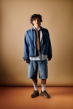 Şık giyimli bir adam, canlı bahar moda tercihleri sergilemek için bir stüdyoda özgüvenle duruyor..