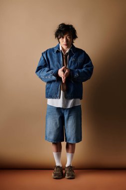 Hevesli Asyalı adam yaratıcı bir stüdyo ortamında şık bir bahar görüntüsü sunar..