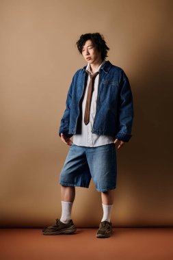 Asyalı bir adam kendine güvenerek şık bir kot giyip poz veriyor. Bahar modası için mükemmel..