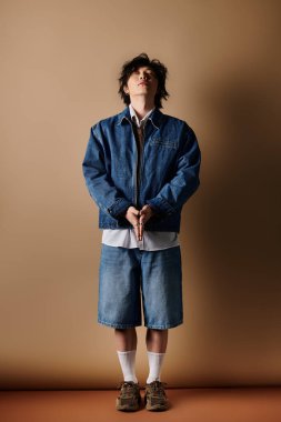 Sıradan ama şık bir bahar kıyafeti giymiş Asyalı bir adam stüdyo ortamında güvenle duruyor..