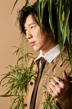 Asyalı bir adam bir stüdyoda zarif poz veriyor, yeşillik ile moda bahar modasını sergiliyor..