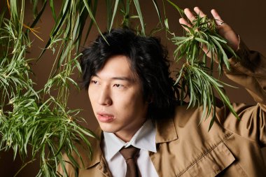 Asyalı bir adam, verimli yeşilliklerle çevrili bir stüdyo içinde modern bahar modasını modelliyor..