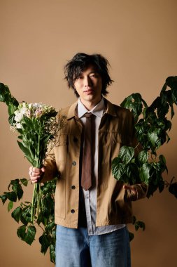 Modaya bağlı bir adam, elinde çiçeklerle bir stüdyoda özgüvenle dikiliyor..