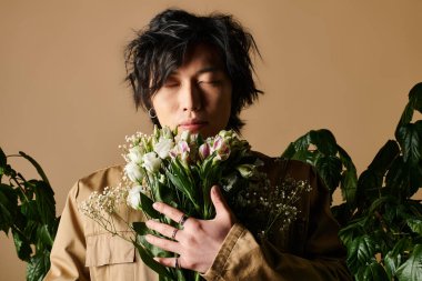 Asyalı bir adam yeşillik dolu şık bir stüdyoda poz verirken bir buketi kucaklıyor..