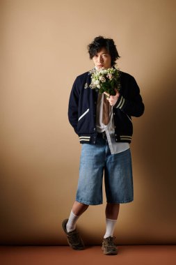 Asyalı bir adam sıcak bir stüdyoda elinde buket tutarken şık bahar kıyafetleri sergiliyor..