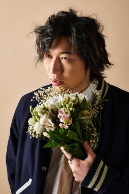 Asyalı bir adam bahar modasında poz veriyor, elinde bir buket çiçekle stüdyoda..