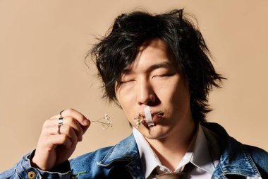 Çağdaş Asyalı adam canlı bir stüdyo ortamında çiçek aksesuarlarıyla şık bir şekilde poz veriyor..