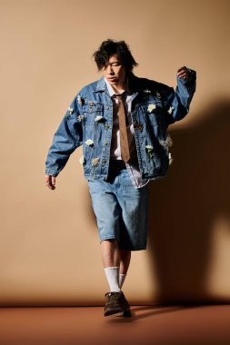 Asyalı bir adam şık giyimli ve aksesuarlı bir stüdyoda moda bahar modasını ön plana çıkarıyor..