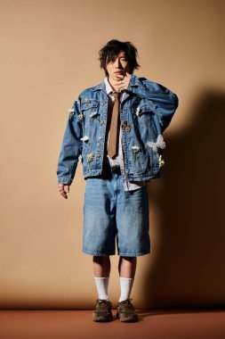 Genç bir Asyalı, yaratıcı bahar modasını minimalist bir stüdyo ortamında sergiliyor..