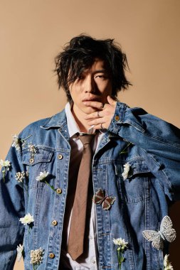 Asyalı bir adam, canlı bir stüdyo ortamında eşsiz bahar modasını, harmanlama stilini ve doğayı sergiliyor..