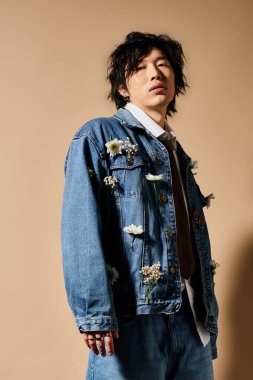 Asyalı bir adam, bahar modasının altını çizerek, çiçeklerle süslenmiş modaya uygun bir şekilde poz veriyor..