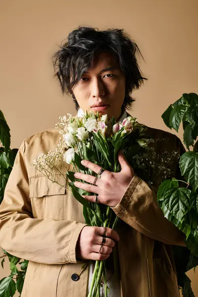 Havalı Asyalı bir adam, sıcak bir arkaplanda çiçeklerle güven içinde poz verir..