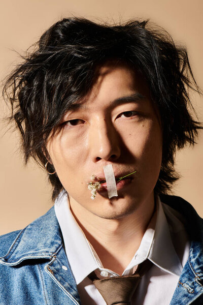 A fashion-forward man showcases spring styles while posing creatively in a studio.