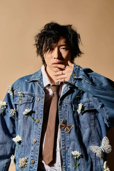 Asyalı bir adam, canlı bir stüdyo ortamında eşsiz bahar modasını, harmanlama stilini ve doğayı sergiliyor..